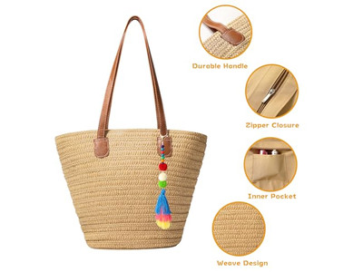 Strohhandtasche Damen Matte Strandtasche Tragetasche Jute Gewebtes Set