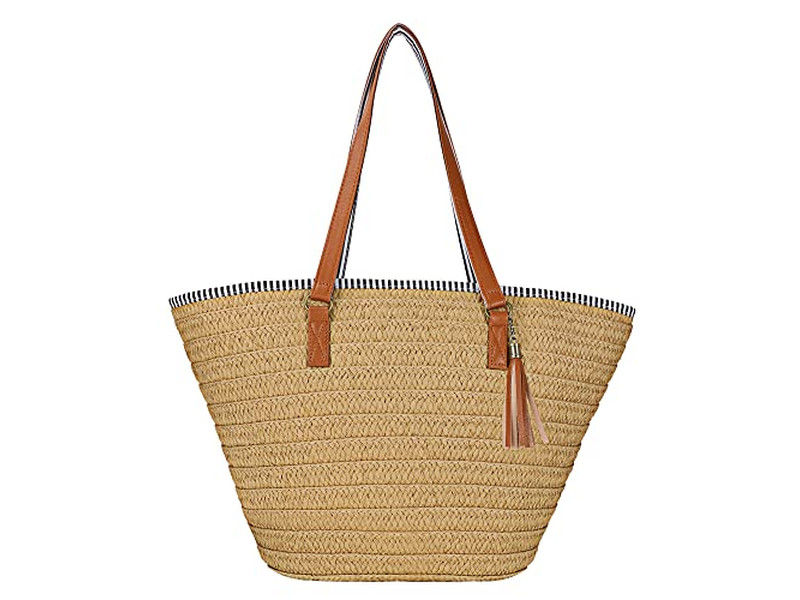 Damen Strohhandtasche Weizen Strandtasche Frau Gewebte Damen Boho Taschen Holzgriff