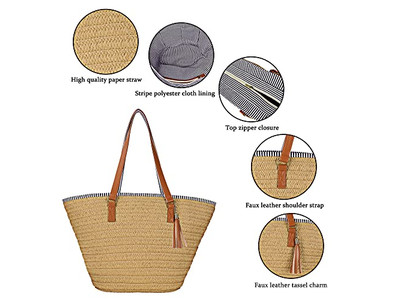 Damen Strohhandtasche Weizen Strandtasche Frau Gewebte Damen Boho Taschen Holzgriff