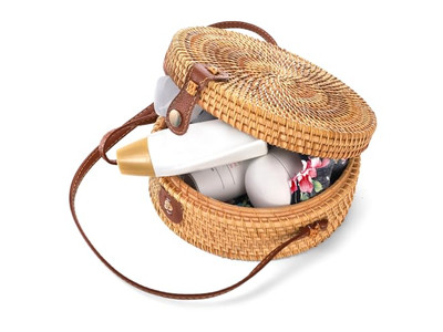 Gewebte Papierstrohtasche Schwarze Runde Taschen aus Natürlichem Bali-Rattan Individuelles Logo